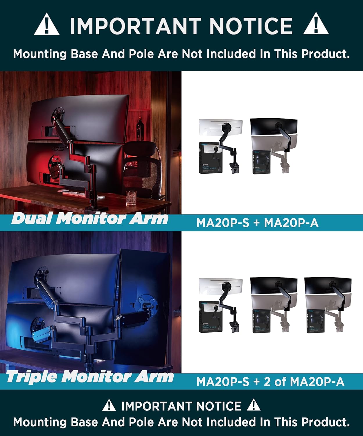 Heavy Duty Extension Arm [Accessory Only - Requires MA20P-S Single Monitor Arm for Use] Dual 49" Vertical Stacked Monitor Mount Height Adjustable - 100x100 VESA Mount, Black, MA20P-A