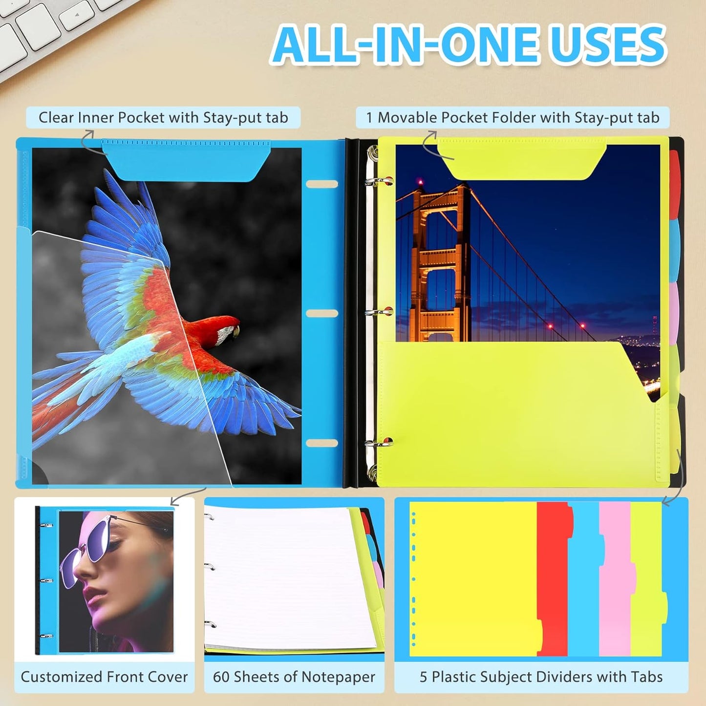 WOT I 1-Pack Telescoping 3 Ring Binder Notebook - Customizable Cover, 5 Dividers & Pocket Folder in One Slim Organizer (60 Sheets Included), Blue