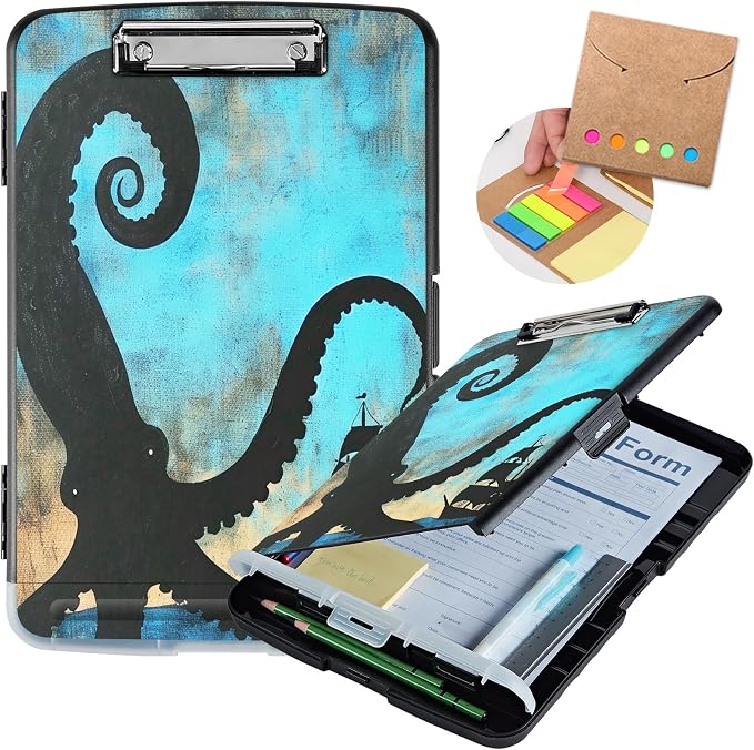 Clipboard with Storage,Storage Clipboard with Pen Holder,Heavy Duty Plastic Storage Clipboard with Low Profile Clip,Teacher Must Haves,Clipboard Folder,Office Supplies,Octopus and Ship -1343