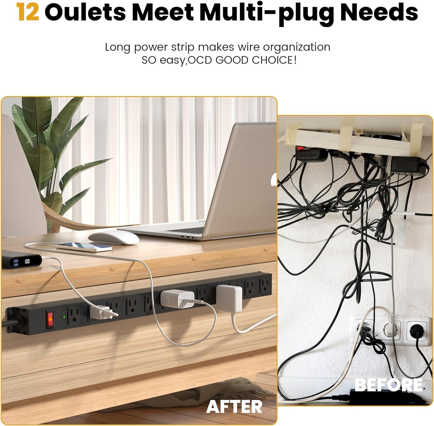 12 Outlet Long Power Strip Surge Protector with 2100 Joules, 3FT Power Cord, Wide Spaced Outlet Power Bar, Overload Protection Switch, Industrial Heavy Duty for Work Bench, Shop, Garage (Black),2 Pack