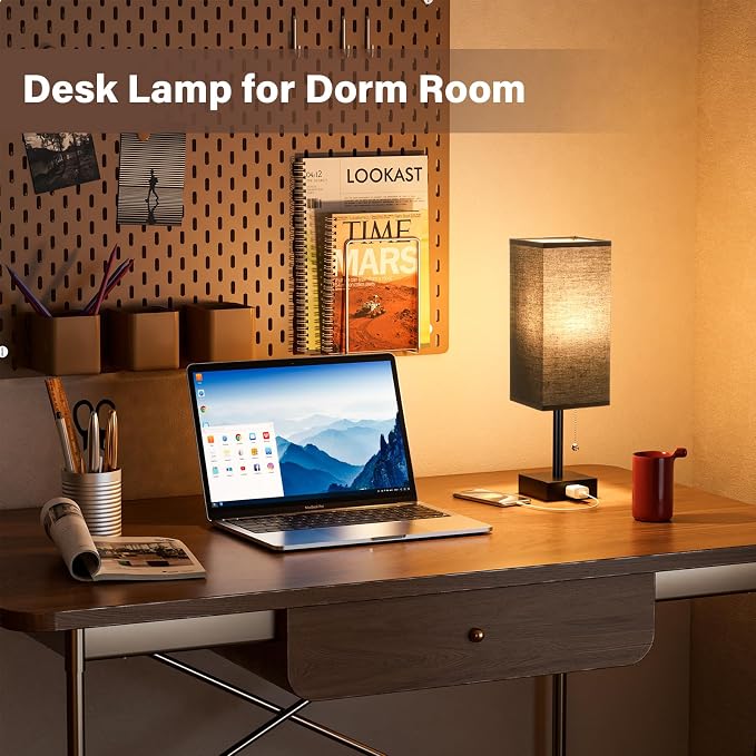 Bedside Lamp for Bedroom Set of 2 - Black Table Lamp for Nightstand | AC Outlet, 3 Color Temperatures, LED Bulb Included, Pull Chain Design, 14" Rectangular Desk Lamp for Dorm/Office, 2-Pack
