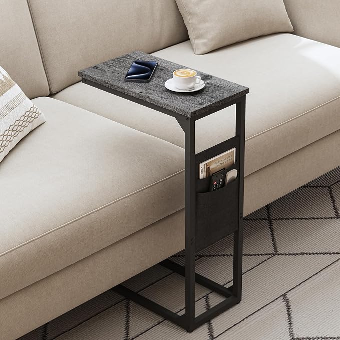 TUTOTAK C Shaped End Table, Side Table for Couch, Sofa Table | with Storage Bag, TV Tray for Living Room, Bedroom, Grey TB01BY082