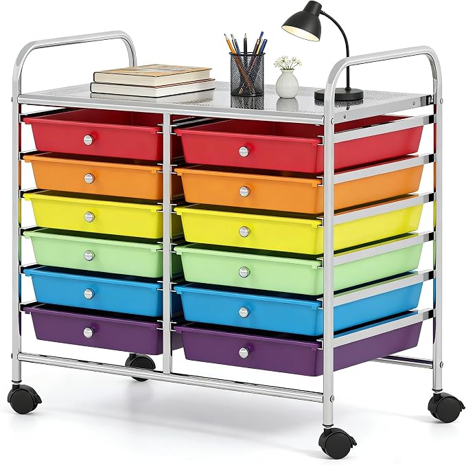 COSTWAY 12-Drawer Rolling Storage Cart, Utility Storage Organizer Cart | For Tools, Scrapbook, Paper, Craft, Multipurpose Art Supply Organizer on Wheels for Home Office School, Teacher, Multicolor