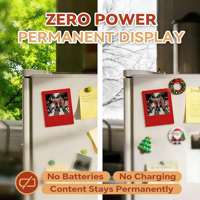E-Paper Fridge Magnet Classic Plus, E-Ink Battery-Free Instant Photo Style Display, Wireless NFC Picture Frame, Phone-Controlled Acrylic Memo Board for Party/Travel/Home & Gifts, Compatible iPhone 13 and Newer (Red)