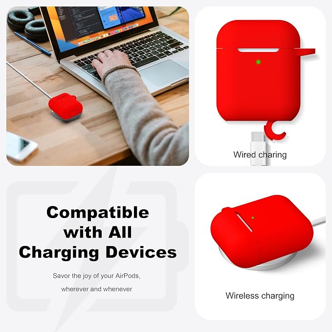 R-fun for AirPods 1/2 Case, Soft Silicone Protective Cover with Keychain and Cleaning Pen, Compatible with AirPods 2nd/1st Generation (2016/2019), Full Drop Protection Cover, Red