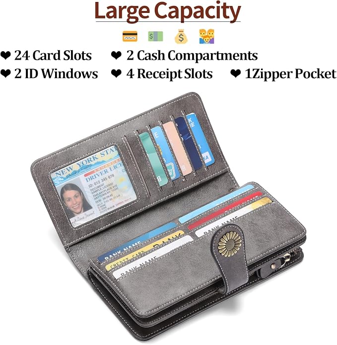 SENDEFN Wallets for Women Leather Credit Card Holder with RFID Blocking Large Capacity Wristlet | with RFID Blocking
