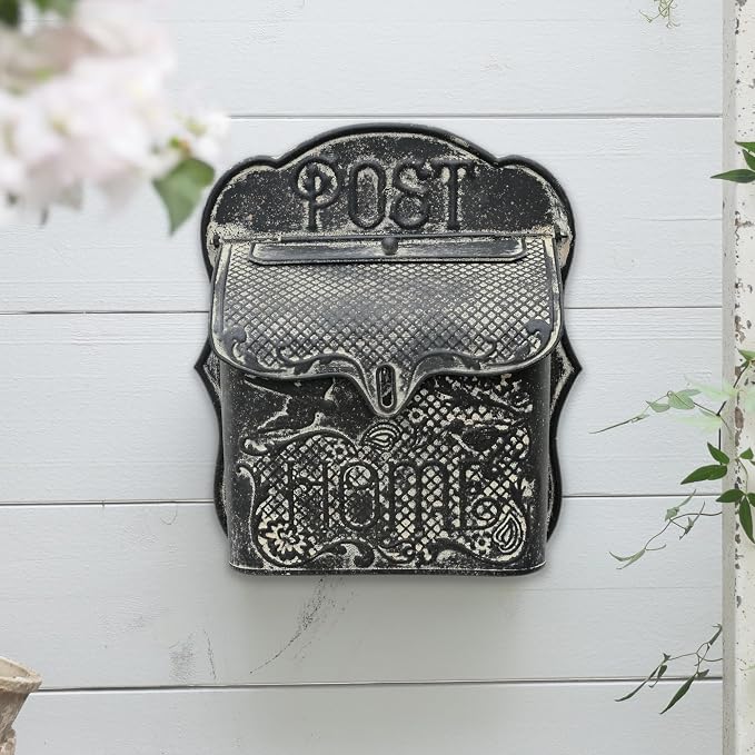 BIG FORTUNE Wall Mount Mailbox for House Outside Vintage Metal Door Mailbox Antique Style Nostalgic Charm Home Decor Garden Vintage English Cottage Decor Flower Patter(Black)