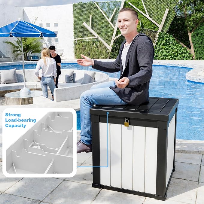 PatioZen 53 Gallon Package Delivery Boxes for Outside, Lokable Secure Resin Package Delivery Box with Lid, Weatherproof and Anti-Theft Storage for Outdoor Front Door,Curbside, House (Black&White)