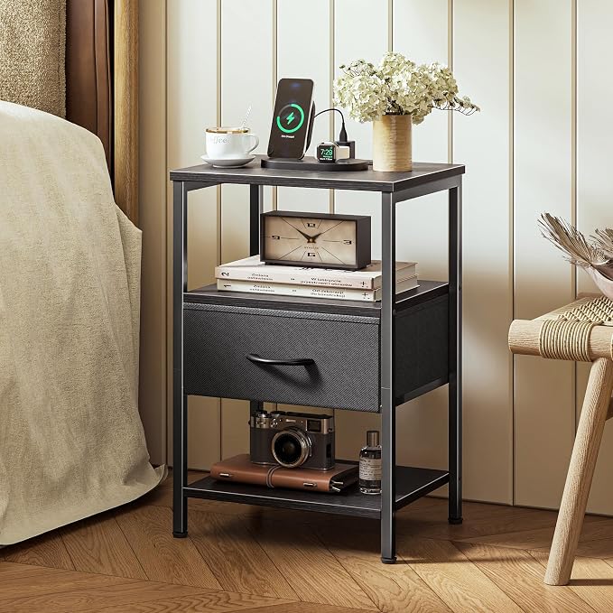 SUPERJARE Nightstand with Charging Station, Bed Side Table with Adjustable Fabric Drawer, Night Stand for Bedroom, 3-Tier Storage End Table, for Living Room, Black | Night Stand for Bedroom, with Adjustable Fabric Drawer, 3-Tier Storage End Table, for ...