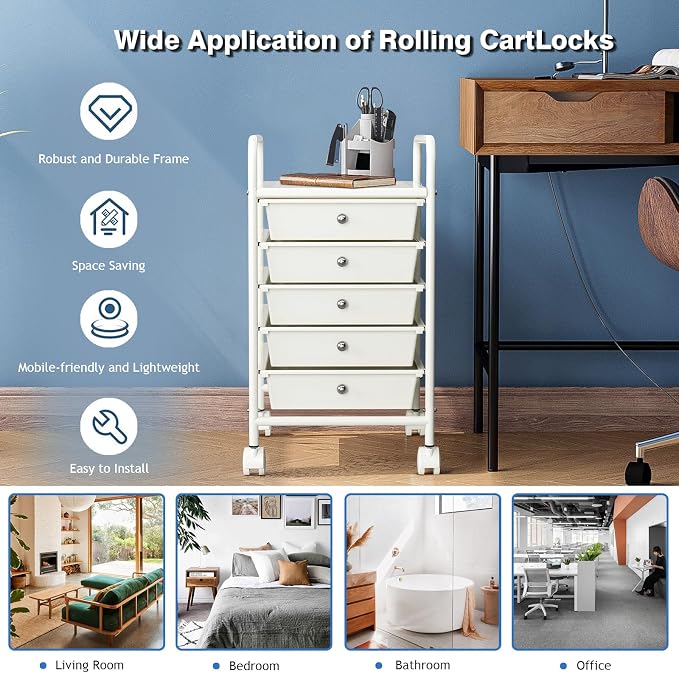Rolling Storage Cart with Drawers 5-Tier Lock Wheels Office White | Utility Cart with 5 Drawers & 2 Lockable Caster, Multipurpose Mobile Drawer Cart for School Bathroom Kitchen