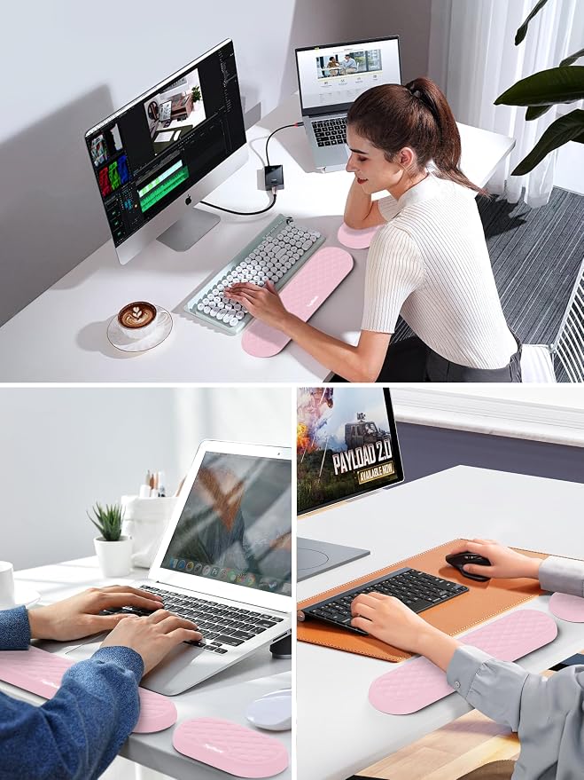 TopMade Upgraded Wider Wrist Rest Set, Soft Memory Foam Keyboard Hand Rest Pad, Computer Ergonomic Keyboard Mouse Wrist Support for Typing Pain Relief, Comfort for Office, Gaming, Study, Pink