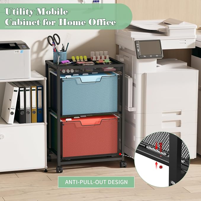 Rolling File Cart with 2 Drawers, Under Desk Storage Cabinet with DIY Divider, Letter/Legal Mobile Filling Cabinet on Wheels, Hanging File Folders Organizer, Metal Utility Cart for Home Office, Black