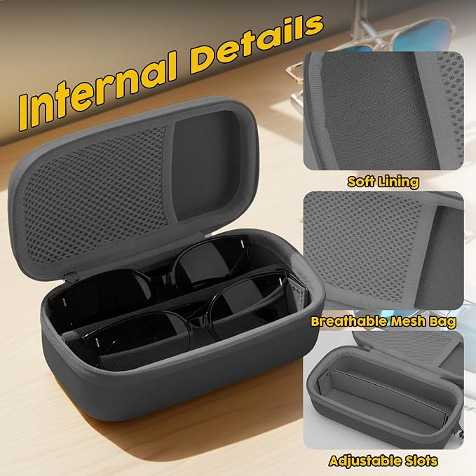 Double Eyeglasses Case,Hard Shell Glasses Case Travel Sunglasses Organizer with Adjustable Slot & Clip for Men Women