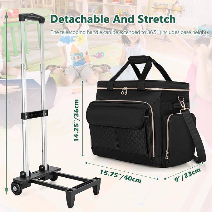 LUXJA Rolling Teacher Bag with Wheels and 15.6" Laptop Compartment, Black | Rolling Briefcase for Women with Accordion File Area, Teacher Tote Bag for Work with Detachable Dolly and Shoulder Strap