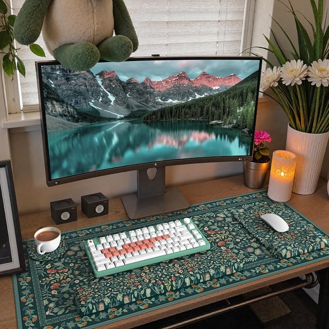 iCasso Mouse Pad with Wrist Rest,Ergonomic Large Desk Mat Set, Deep Green | Keyboard Pad with Wrist Support, Non-Slip Mouse Mat for Women, Cute Floral Computer Mat for Home Office Gaming