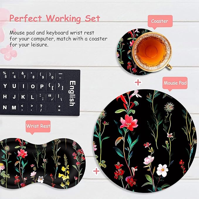 Mouse Pad+Mouse Wrist Rest Support Set+Coaster,Memory Foam Ergonomic Easy Typing Pain Relief,Non-Slip Rubber Base Small Mousepad for Computer,Laptop,Home & Office,Garden Flowers