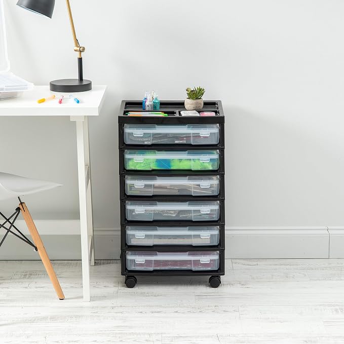 IRIS USA Rolling Cart with Drawers |Made in USA| 6-Tier Cases - Black/Clear | Fits 12"x12" Paper, Built-In Handles, Storage Unit with Supply Top for Craft, Art, Office Supplies, Pens & Pencils
