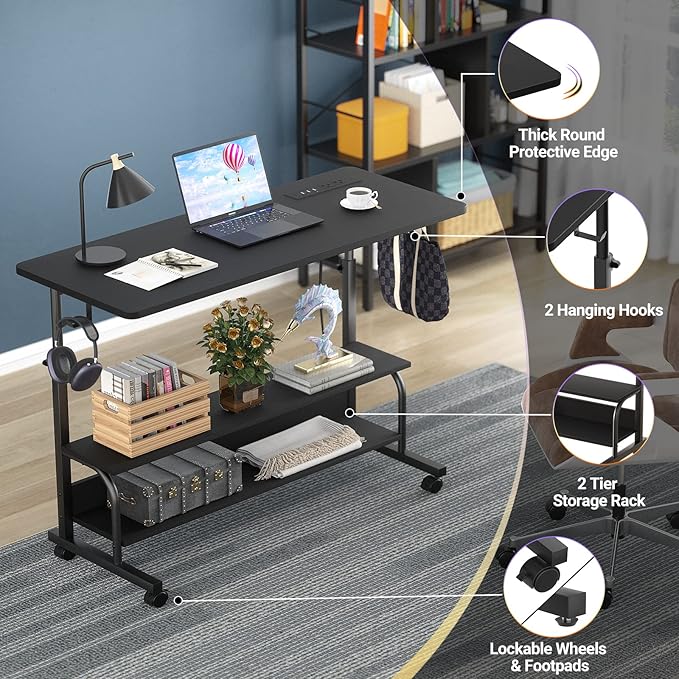 Armocity Height Adjustable Standing Desk with Power Outlets, 39" Manual Stand Up Desk with Storage Shelves Small Mobile Rolling Computer Desk Portable Laptop Table with Wheels for Home Office, Black