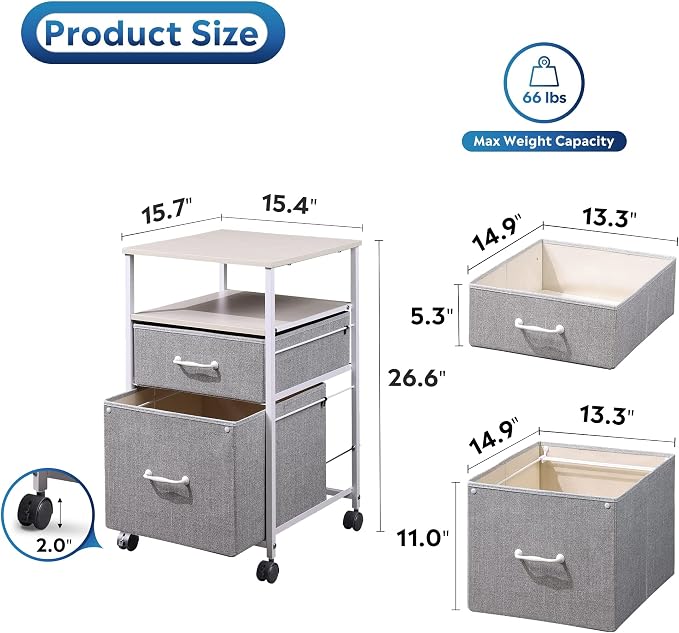 DEVAISE 2 Drawer Mobile File Cabinet with Open Storage Shelf | Rolling Printer Stand, Fabric Vertical Filing Cabinet fits A4 or Letter Size for Home Office, Light Grey