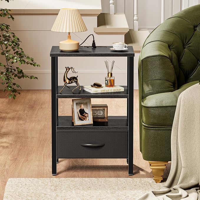 SUPERJARE Nightstand with Charging Station, Bed Side Table with Adjustable Fabric Drawer, Night Stand for Bedroom, 3-Tier Storage End Table, for Living Room, Black | Night Stand for Bedroom, with Adjustable Fabric Drawer, 3-Tier Storage End Table, for ...