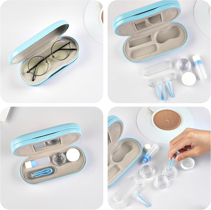 Eyeglass Case Double Sided Travel Size Portable Contact Lens Box 2 in 1 | Multifunction With Tool for Daily Outdoor Office