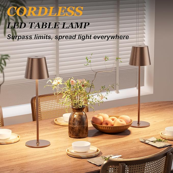 Cordless Table Lamp Rechargeable Brown - KK 2 Pack 5000mAH Battery Operated Lamp for Counter, 3 Color Stepless Dimming Wireless Lamp for Dining Table, Kitchen Counter, Outdoor Patio, Touch Control