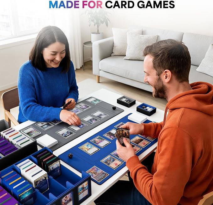 UAONO Trading Card Storage Box with Commander Display;3900+ Card Box for MTG, Removable Cover; 5 Row Case fits MTG TCG Sports Cards 48 Dividers,5 Stoppers,5 Top Loaders,1 Dice Box(Black, Blue)