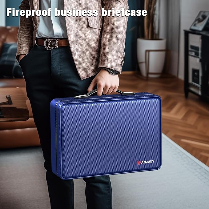 Fireproof Document Box with Fireproof Zipper, Hard Inner Shell Fireproof Document Bag with Lock, Fireproof Water Resistant Important Document Organizer 16 inch Laptop File Briefcase (Blue)