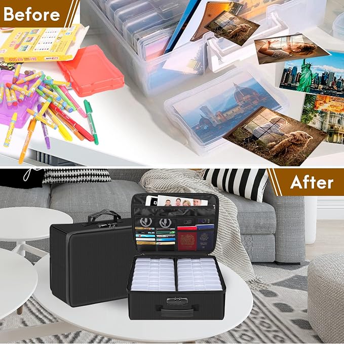 Photo Storage Box with Lock,DocSafe Fireproof Photo Organizer Box with 16 Inner 4" x 6" Photo Case(Clear),Collapsible Portable Photo Filing Safe Storage with Water-Resistant Zipper for Photos,Picture