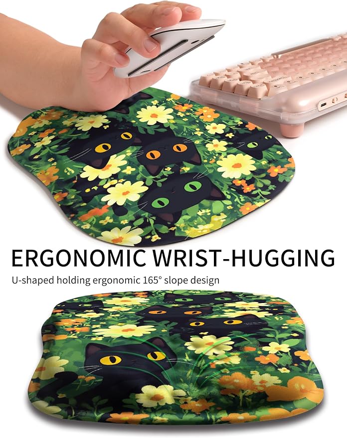 Hokafenle Ergonomic Wrist-Hugging Mouse Pad Wrist Support, U-Shaped Holding Wrist Rest Mousepad for Carpal Tunnel Pain Relief with Cushioned Memory Foam Slope Massage Bulge(10.2x8.3 in,Big Eyed Cat)