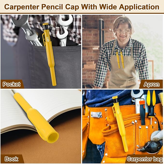 Hiboom 2 Pack Carpenter Pencils with Pencil Cap and 18 Refills, Yellow | Mechanical Pencil, Deep Hole Marking, Built-In Sharpener, Long Nose Tip, Pocket Clip, Marks Many Surfaces, Woodworking Use
