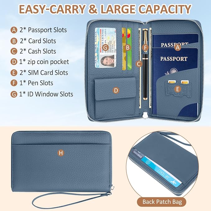 RFID Passport Holder for Travel Family with Coin Pocket, Blue | Leather Passport Cover for 2, Travel Document Organizer with Wrist Strap & 24 Card Slots, for Women Men