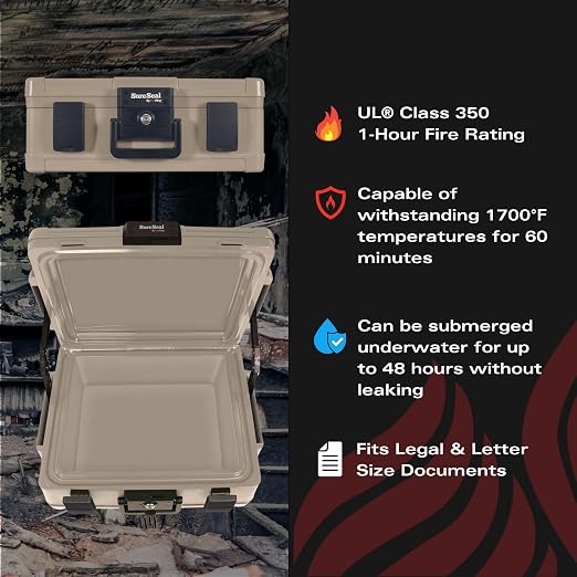 FireKing SureSeal Fire Rated Safe with Key Lock, Taupe | 1 Hour Fire Rated Safe - 100 Hour Water Resistant - Key Lock - Made in USA