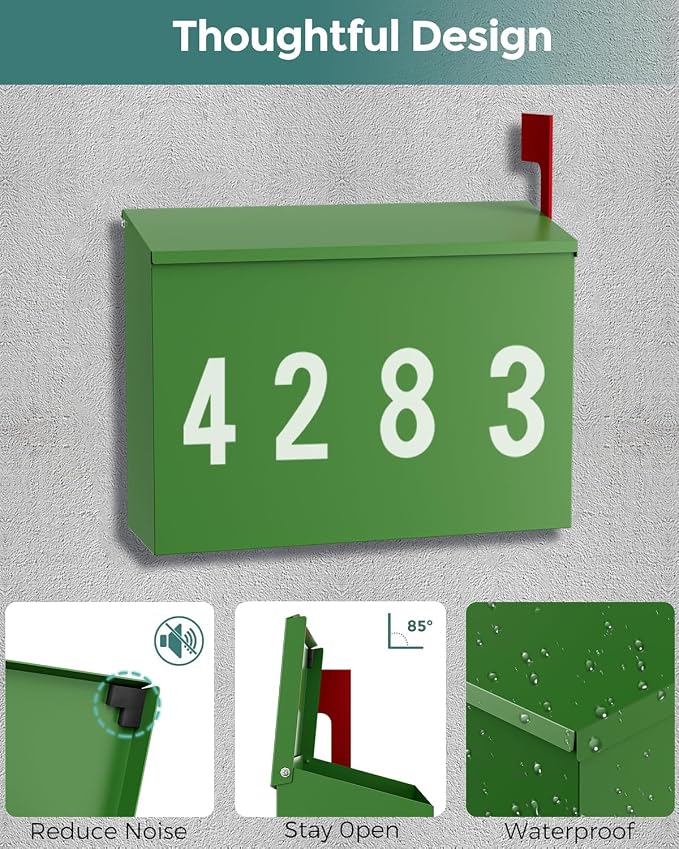 LAND·VOI Wall-Mount Mailbox with One Flag Kit and Three Sets of 0-9 Mailbox Number Stickers, Mailboxes for Outside, Galvanized Steel Rust-Proof Metal Post Box, 4.33" Dx14.2 Wx10.43 H, Green