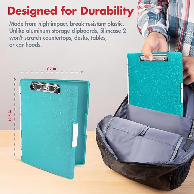 Dexas Slimcase 2 Plastic Clipboard with Storage & Side Opening, Teal Glitter, Office Supplies Clipboards, Carry and Store, A4 Holder, Style & Functionality Nursing Clipboard (Pack of 6)