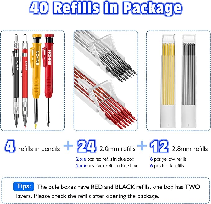 Enhon 4 Pack Carpenter Pencil Set with Sharpener, Black/Red/Yellow | 45mm Deep-Reach Tip, 36 Refill Leads, 2mm & 2.8mm Lead Sizes, Durable Construction, Pocket Clip, Multi-Surface Drawing