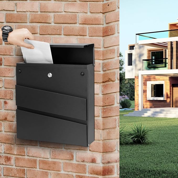 Wall-Mount Mailbox with Lock and Keys, Security Key Drop Box for House Outside, Locking Postbox, Steel Metal Rust-Proof Mail Box, 14.57 x 14.57 x 4.33 Inch, Black, MD002 X-Large