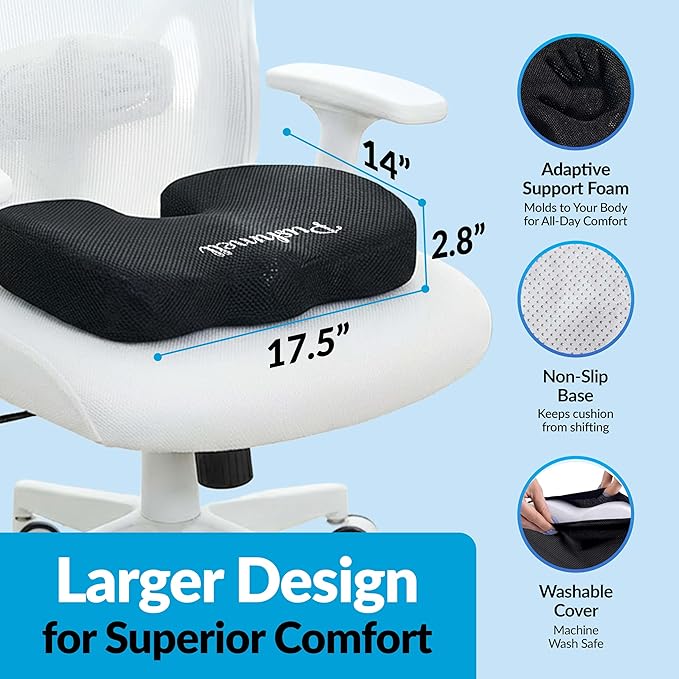 Premium Memory Foam Gel Seat Cushion for Tailbone, Coccyx, Back & Sciatica Pain Relief – Fits 17.5” x 14” Seats, Ergonomic Office Chair Cushions for Desk, Home, Car – Includes Bonus Extra Cover