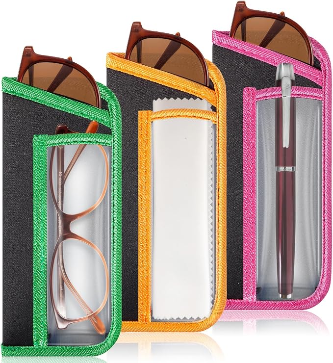 TRIUMPH VISION Reading Glasses Pouch Eyeglass Sleeve Soft Case Slim 3 Pack | Alternative to Bulky Case Lightweight，Neoprene Lined Padded Protect Optical lens Slip in, Cute Pattern Portable for Daily Use