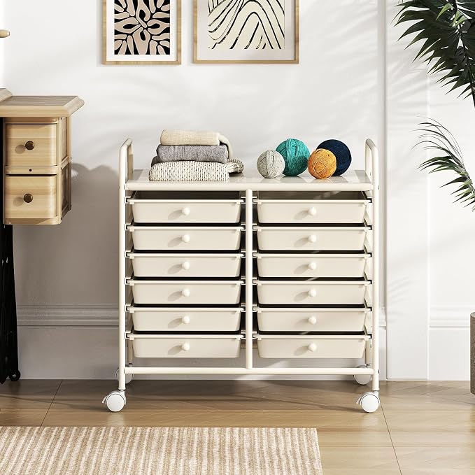 RELAX4LIFE 12-Drawer Rolling Storage Cart - Mobile Utility Cart on Wheels for School Classroom Teacher Office Salon, Paper File Art Supply Craft Organizer, Rolling Cart with Drawers (White)