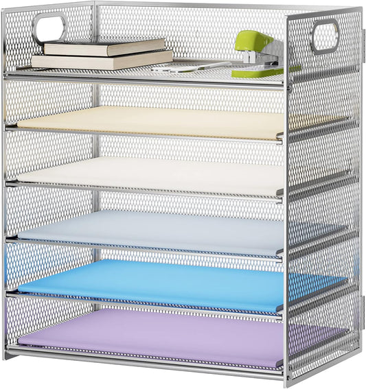 Marbrasse Paper Letter Tray - 6 Tier Mesh File Organizer with Handle, Paper Sorter for Letter/A4 Office File Folder Holder - Silver