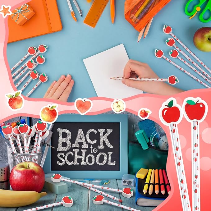 32 Pcs Apple Theme Pencil with Eraser Back to School Party Favors First Day of School Stationery Supplies for Classroom Exchange Gift Student Teachers' Day Reward Supplies