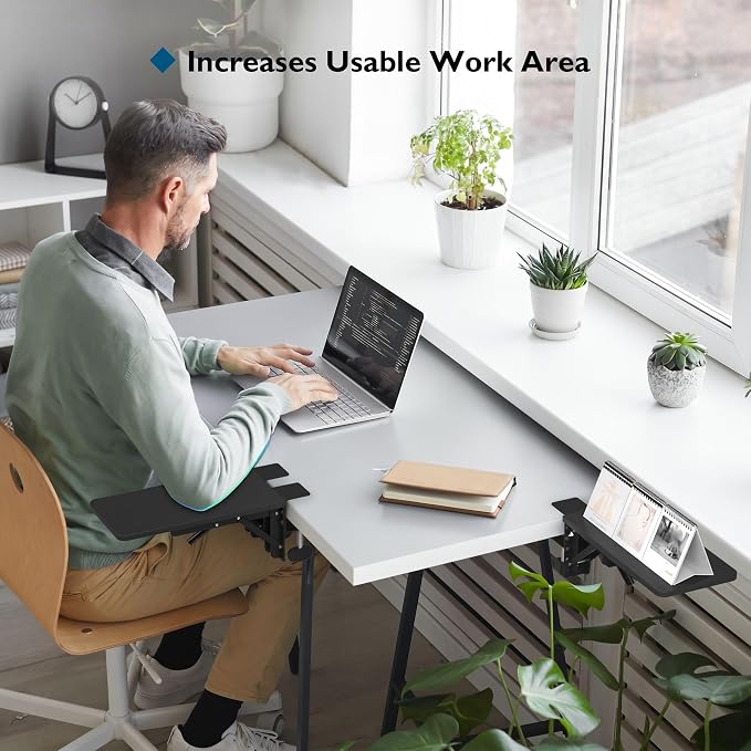 BONTEC Desk Extender Tray, 11.8 x 5.9 Inch, Black Pattern | 90° Foldable Elbow Support, Table Mount Arm Wrist Rest Shelf, Clamp on Computer Arm Rest, Easy to Install, Office & Home Use