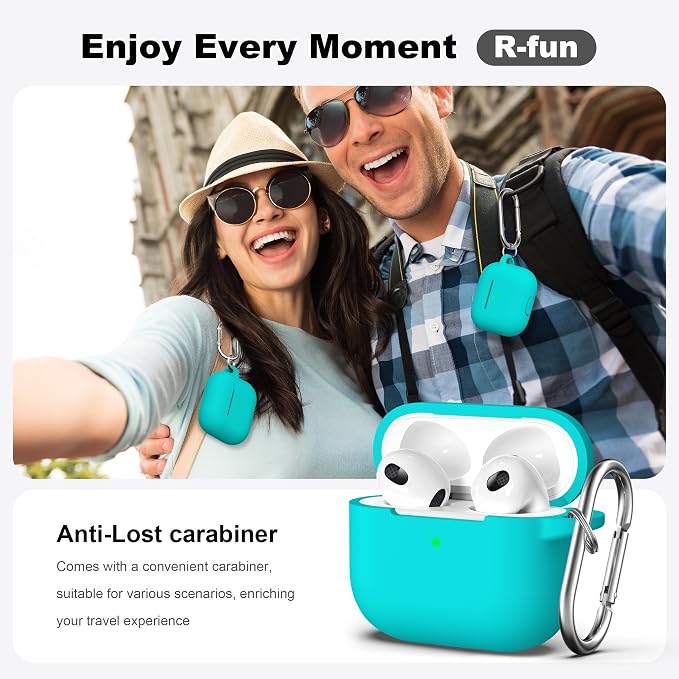 Compatible with AirPods 3 Case Cover, Silicone Protective Accessories Skin with Keychain Compatible with Apple AirPod 3rd Generation 2021 for Women Men Girls Boys,Front LED Visible,Teal
