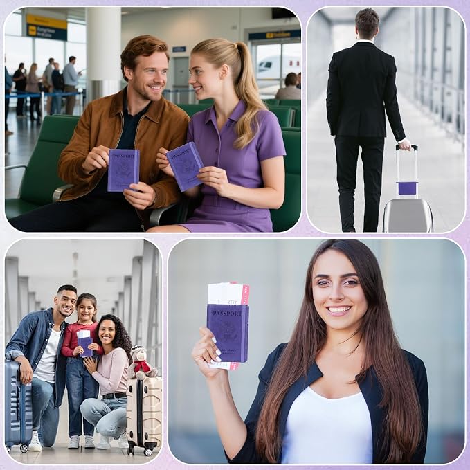 Passport Holder for Travel, RFID Blocking Passport Cover with Pen Holder Leather Passport Wallet Case Travel Must Haves Accessories Passport Book Card Holder for Family Travel Essentials, Dark Purple