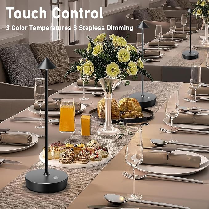 Cordless Rechargeable Led Table Lamp Battery Operated Light Black | 6000mAh Touch 3 Color Dimming Portable Metal Outdoor Waterproof Light for Patio/Restaurant/Dining/Home