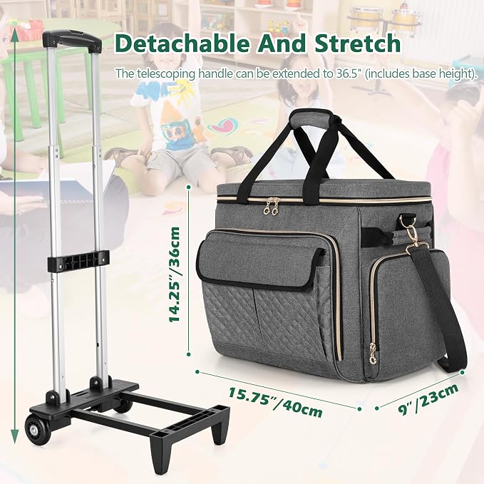 LUXJA Rolling Teacher Bag with Wheels and 15.6" Laptop Compartment, Gray | Rolling Briefcase for Women with Accordion File Area, Teacher Tote Bag for Work with Detachable Dolly and Shoulder Strap