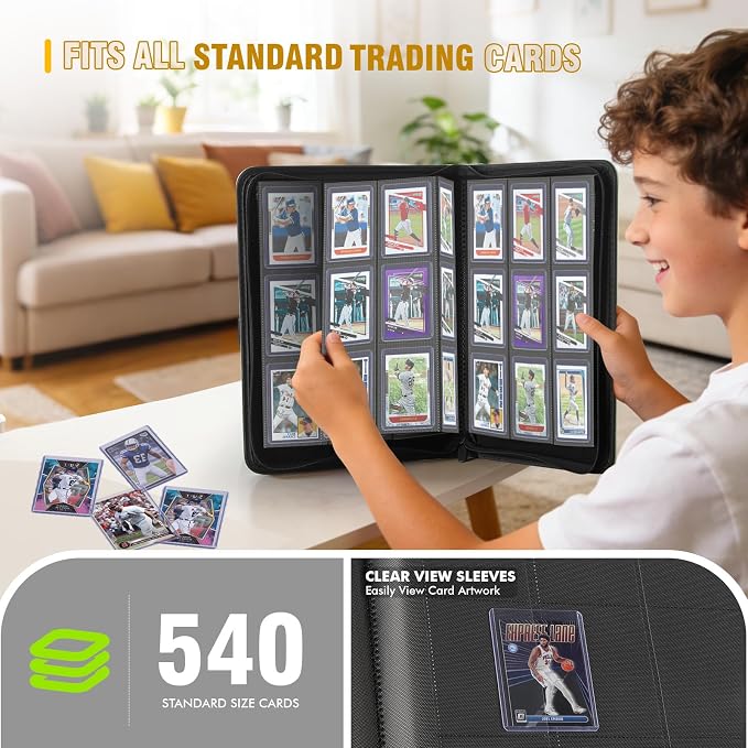 Trading Card Binder, Card Binder 9 Pocket for Trading Cards, Holds 540 Cards, Zippered Premium Card Collection Binder Album for Game Card, Sports Card, Yugioh, MTG (Black)