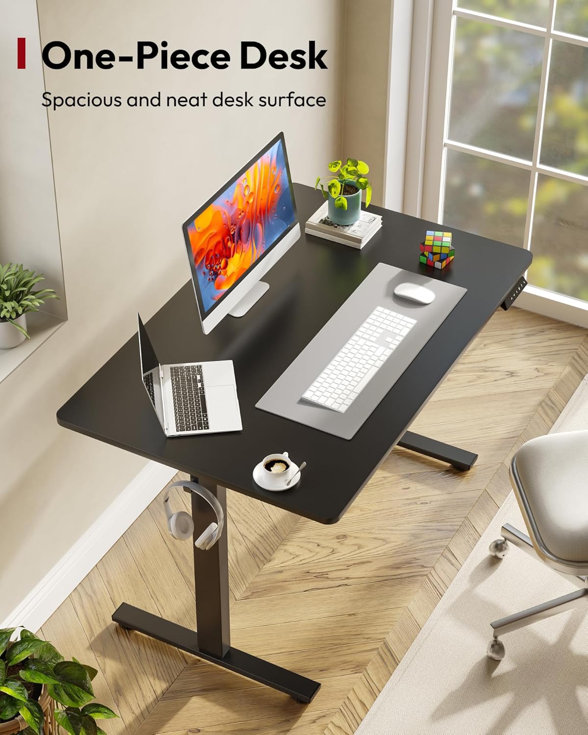 SANODESK Electric Standing Desk 48 x 30 Inches Whole-Piece Desktop Height Adjustable Stand Up Desk w/6-Button Controller Ergonomic Computer Desk for Home Office, Black Frame + Black Tabletop