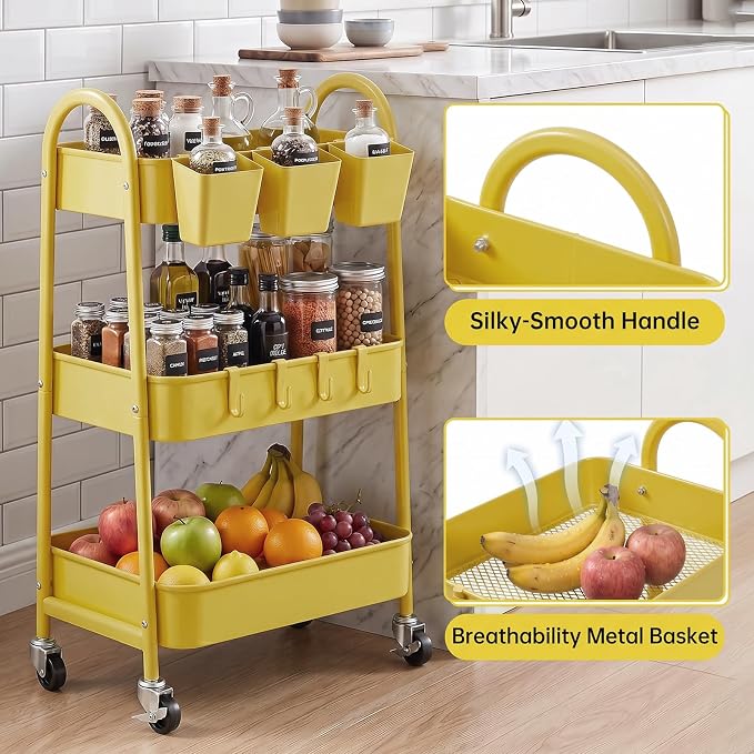 3-Tier Rolling Cart, Utility Cart Mobile Metal Rolling Storage Cart with Lockable Wheels & Hanging Cups & Hooks for Kitchen, Bathroom, Office, Workshop, Yellow